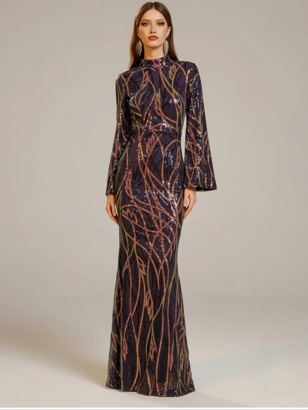 Blue mock neck long sleeve, trumpet Mermaid Maxi Gown